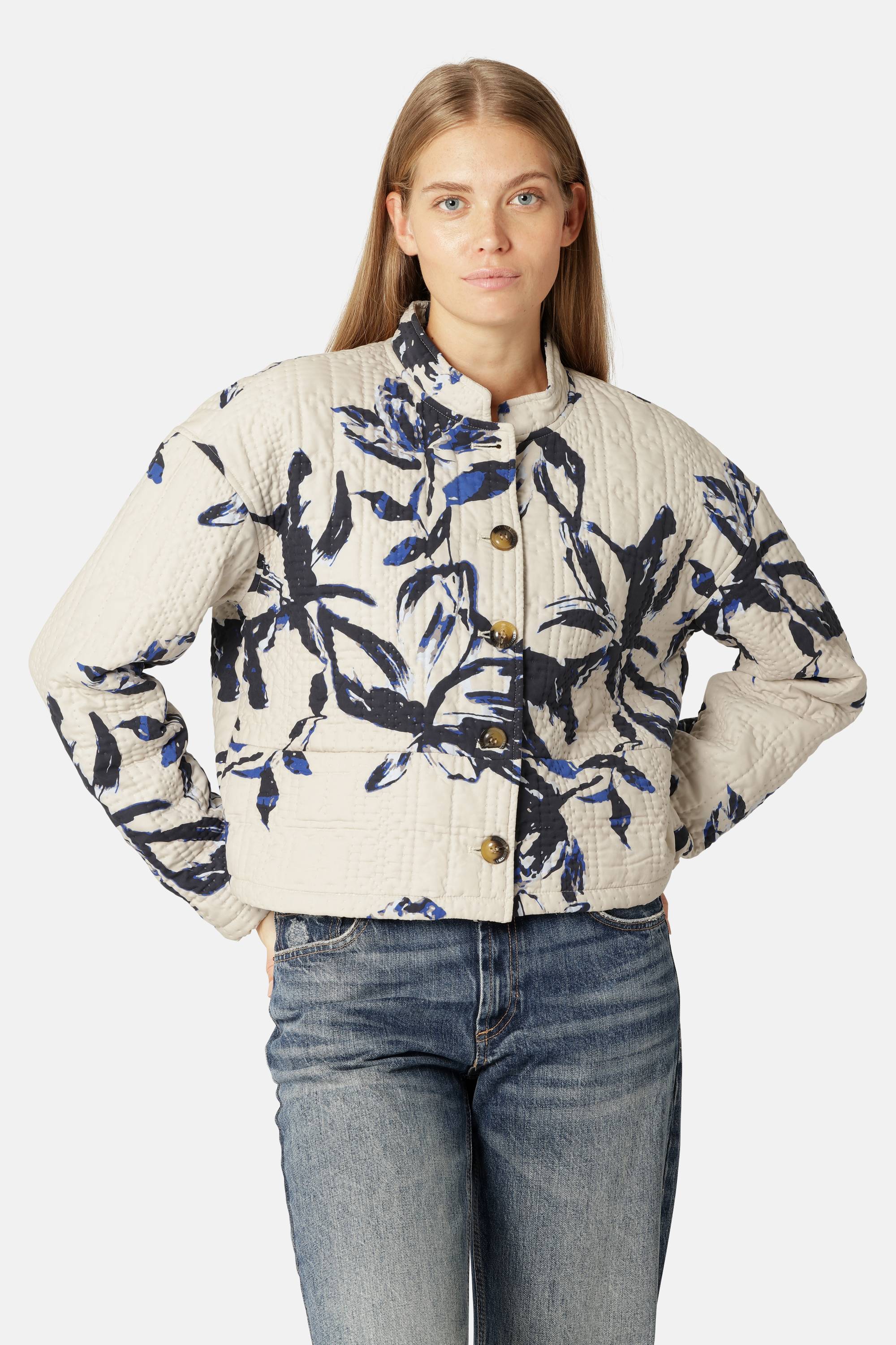 Short Quilt Jacket - Beige Artsy Stroke Flower